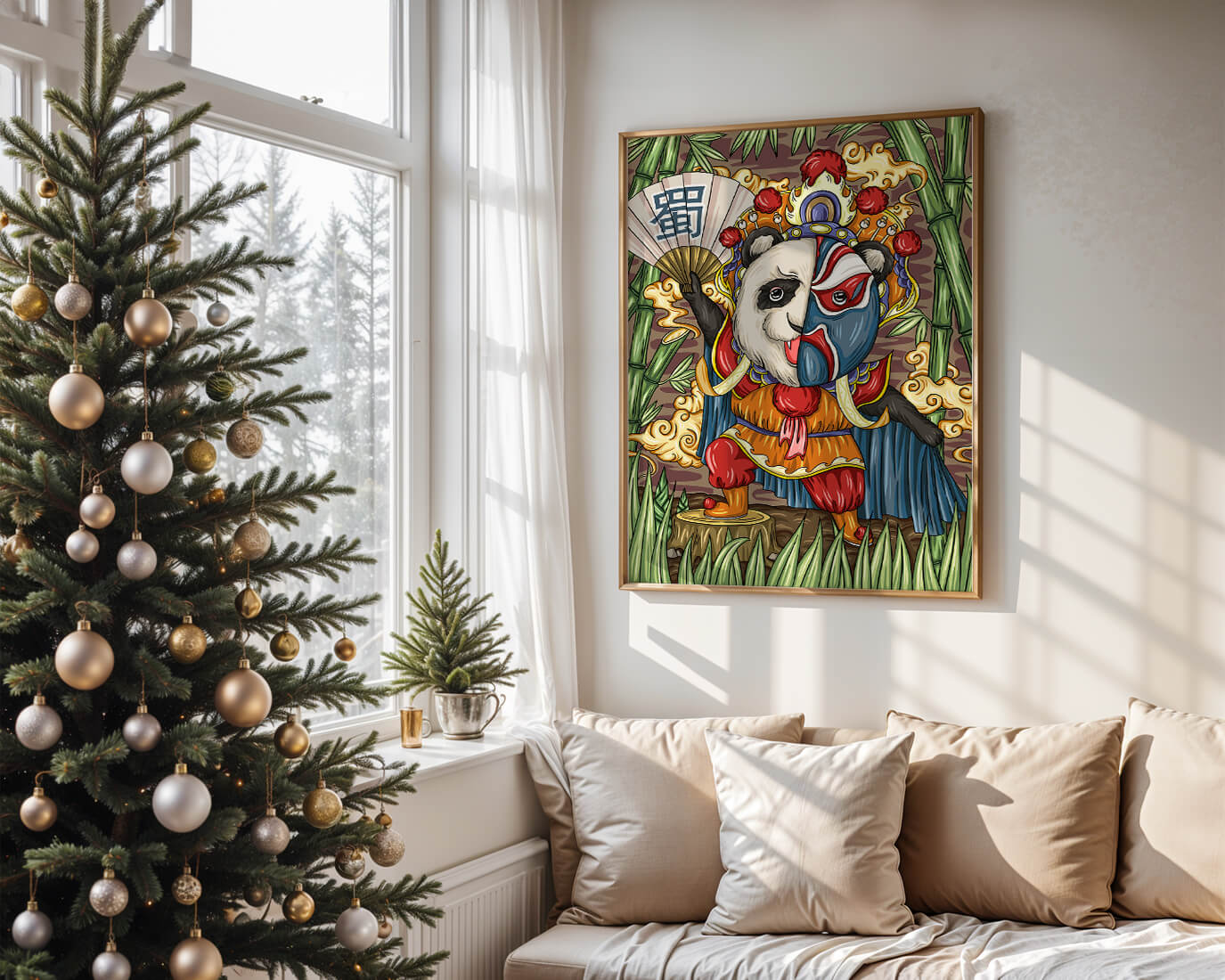 Colorful panda dressed in traditional Chinese opera costume surrounded by bamboo