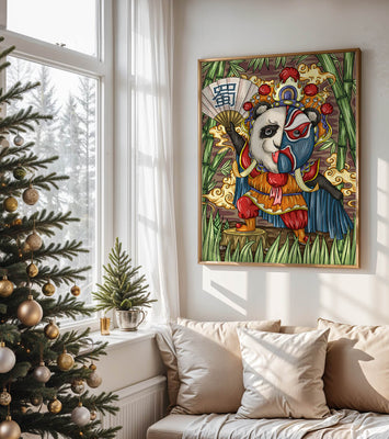 Colorful panda dressed in traditional Chinese opera costume surrounded by bamboo