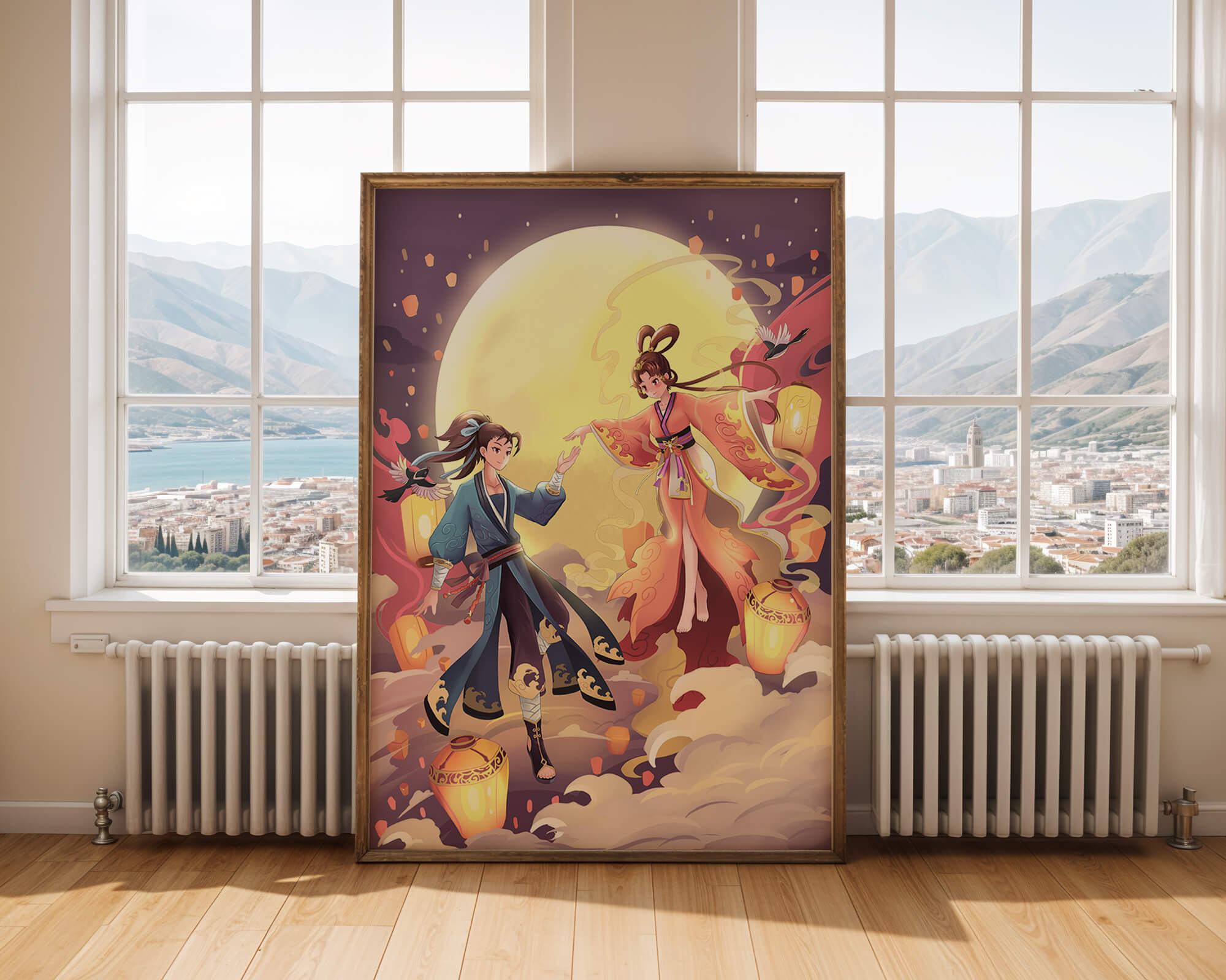 Elegant moonlit fantasy scene with traditional attire