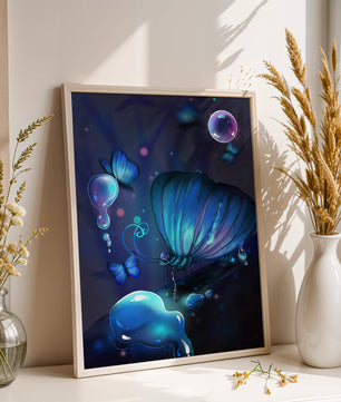 Illuminated Blue Butterflies with Glowing Bubbles in Enchanted Darkness