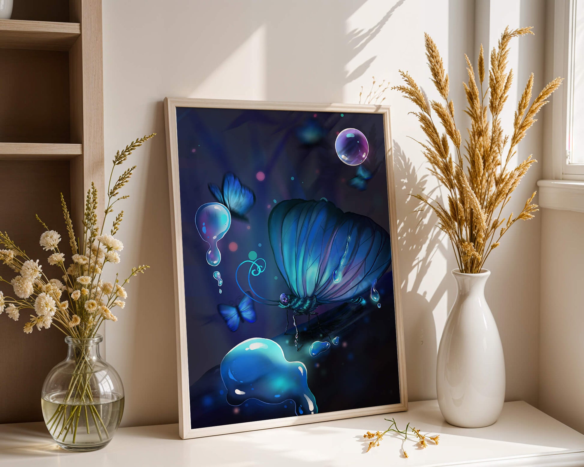 Illuminated Blue Butterflies with Glowing Bubbles in Enchanted Darkness