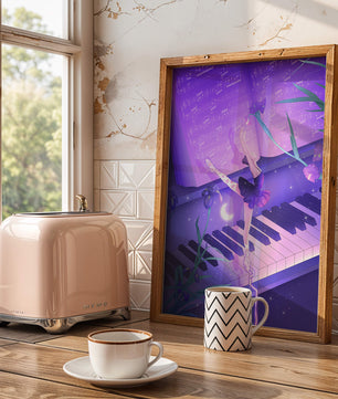 Graceful Ballerina Dancing on Piano Amidst Flowers and Musical Notes