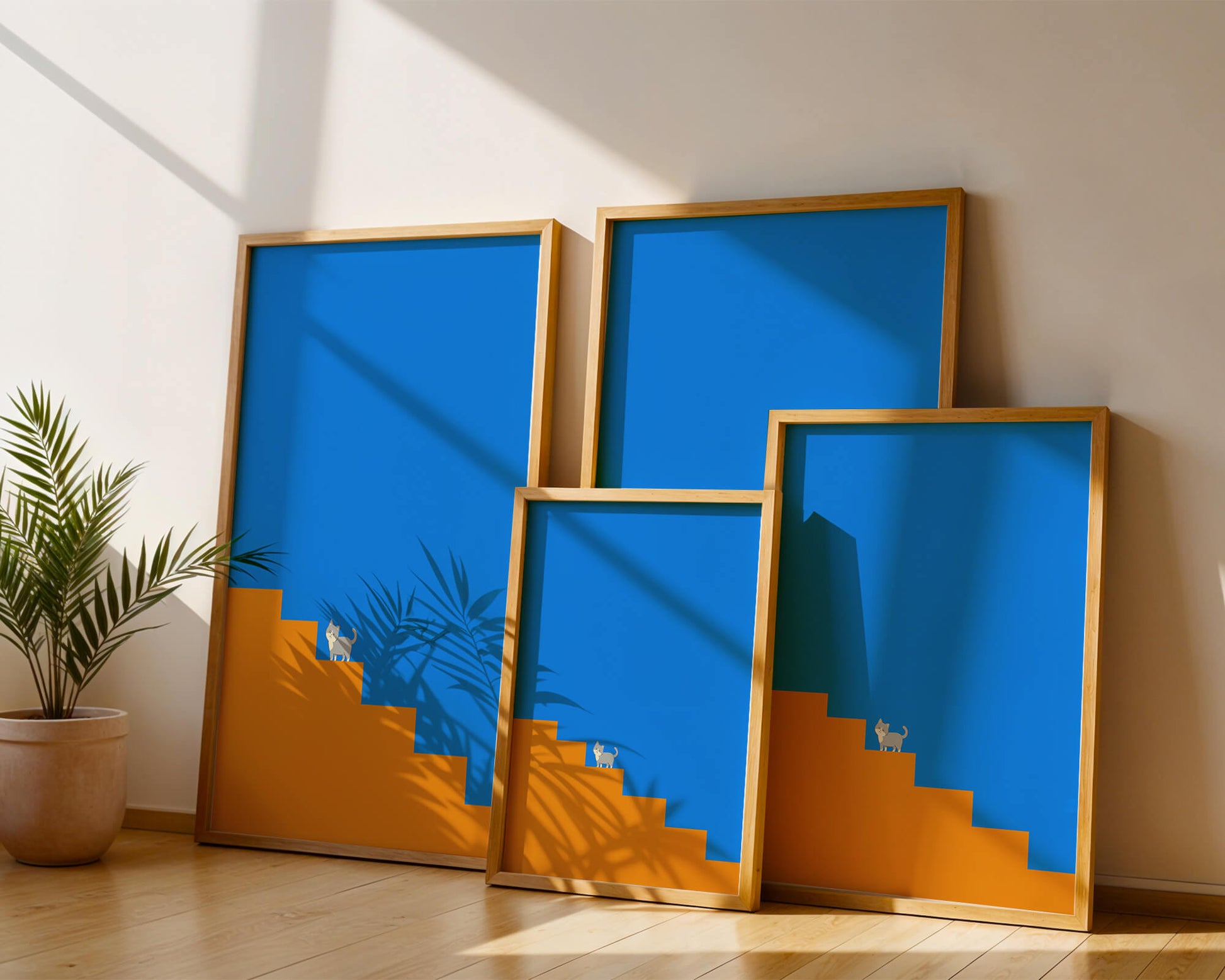 Minimalistic cat on stairs with blue background