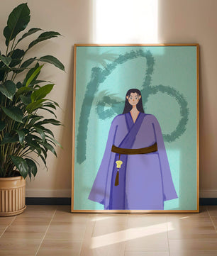 Personaje con atuendo tradicional sobre fondo texturizado