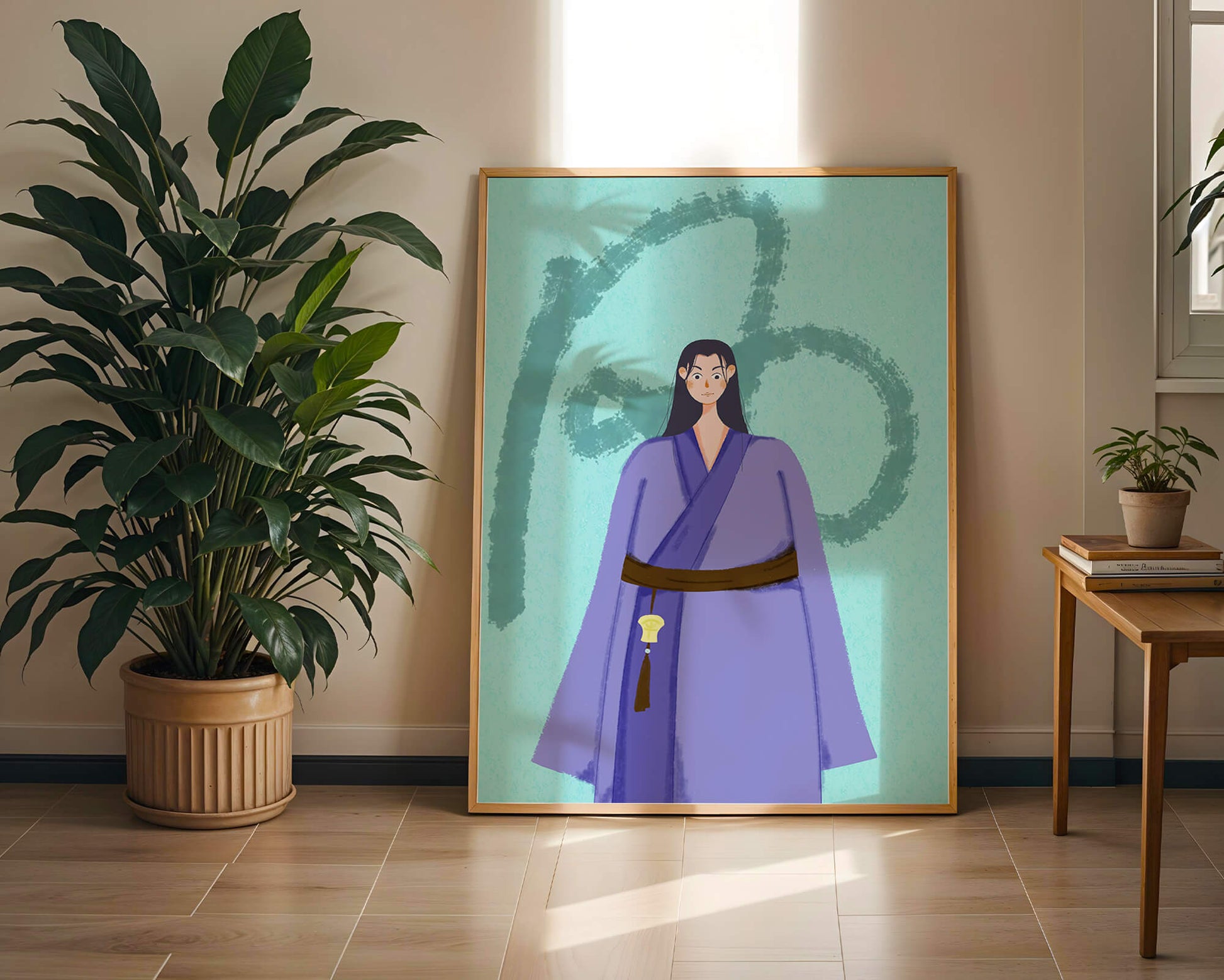 Character in traditional attire on textured background