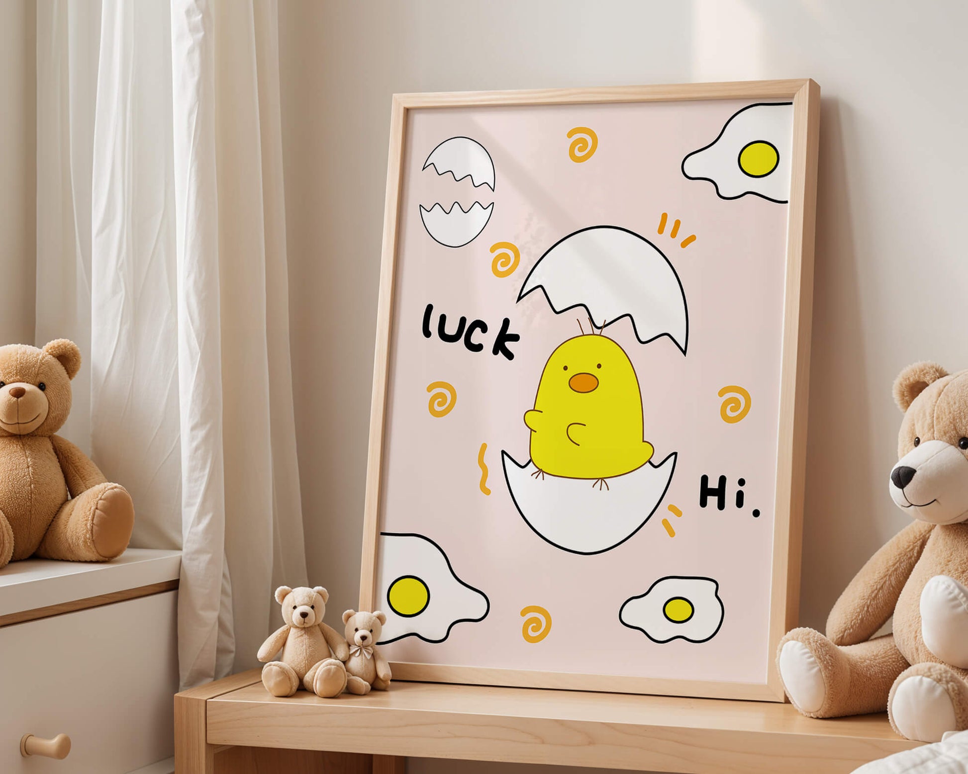 Chick hatching from an egg with cheerful expressions and fried egg motifs