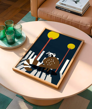 Raccoon Illustration with Urban Street Lamps and Geometric Design