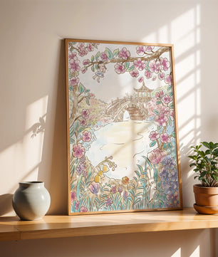 Serene Spring Landscape with Blossoming Cherry Trees and Bridge