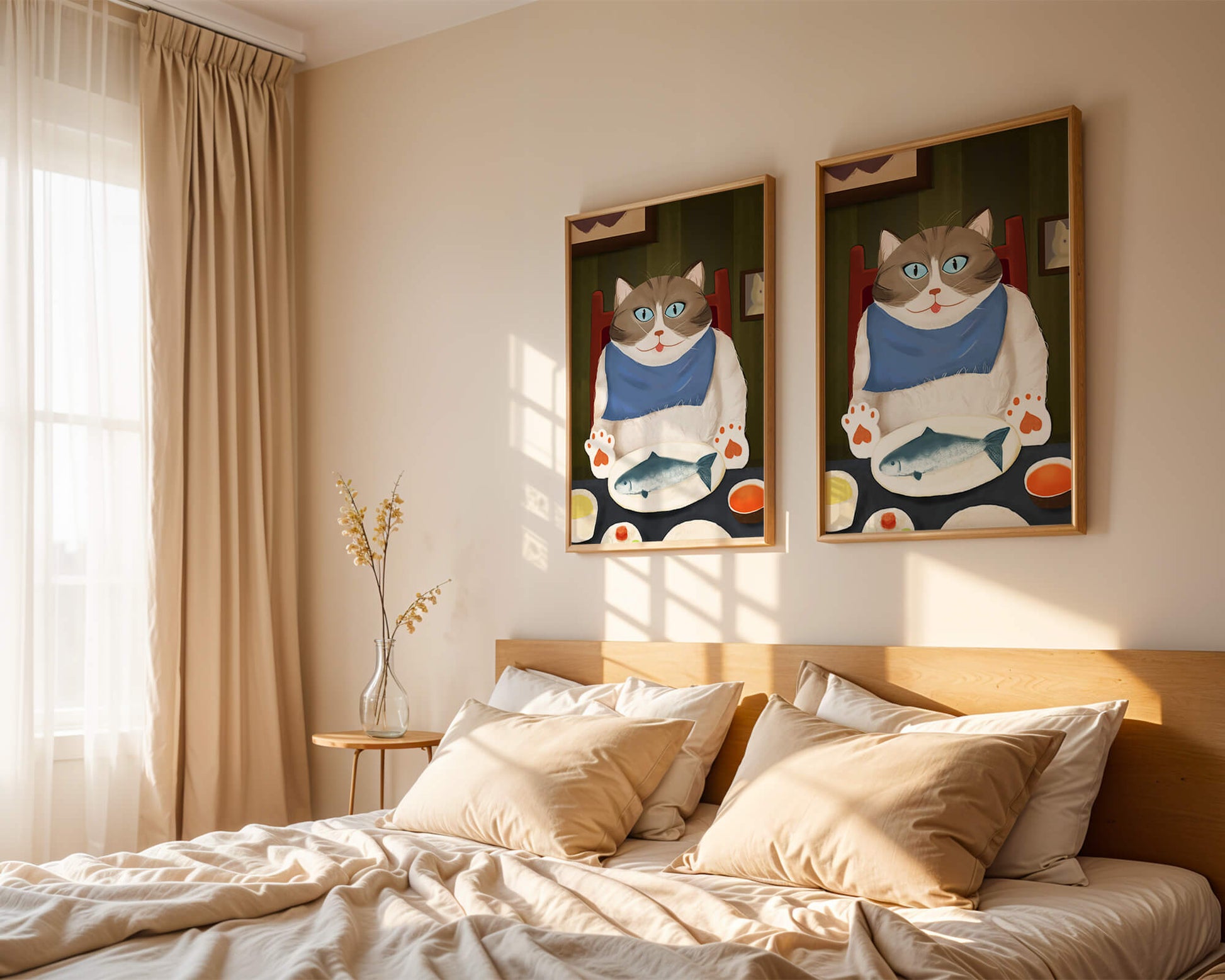 Ilustración de un gato comiendo con pescado y babero azul