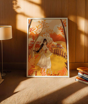 Illustration of a Girl in a Yellow Dress in Autumn Scenery