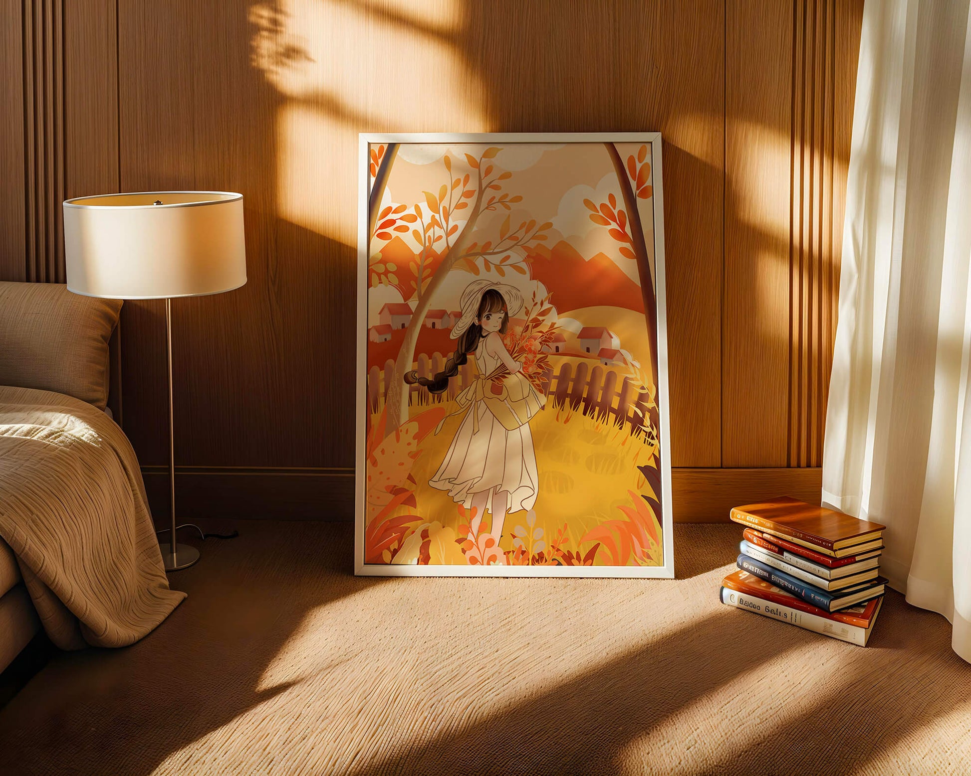 Illustration of a Girl in a Yellow Dress in Autumn Scenery