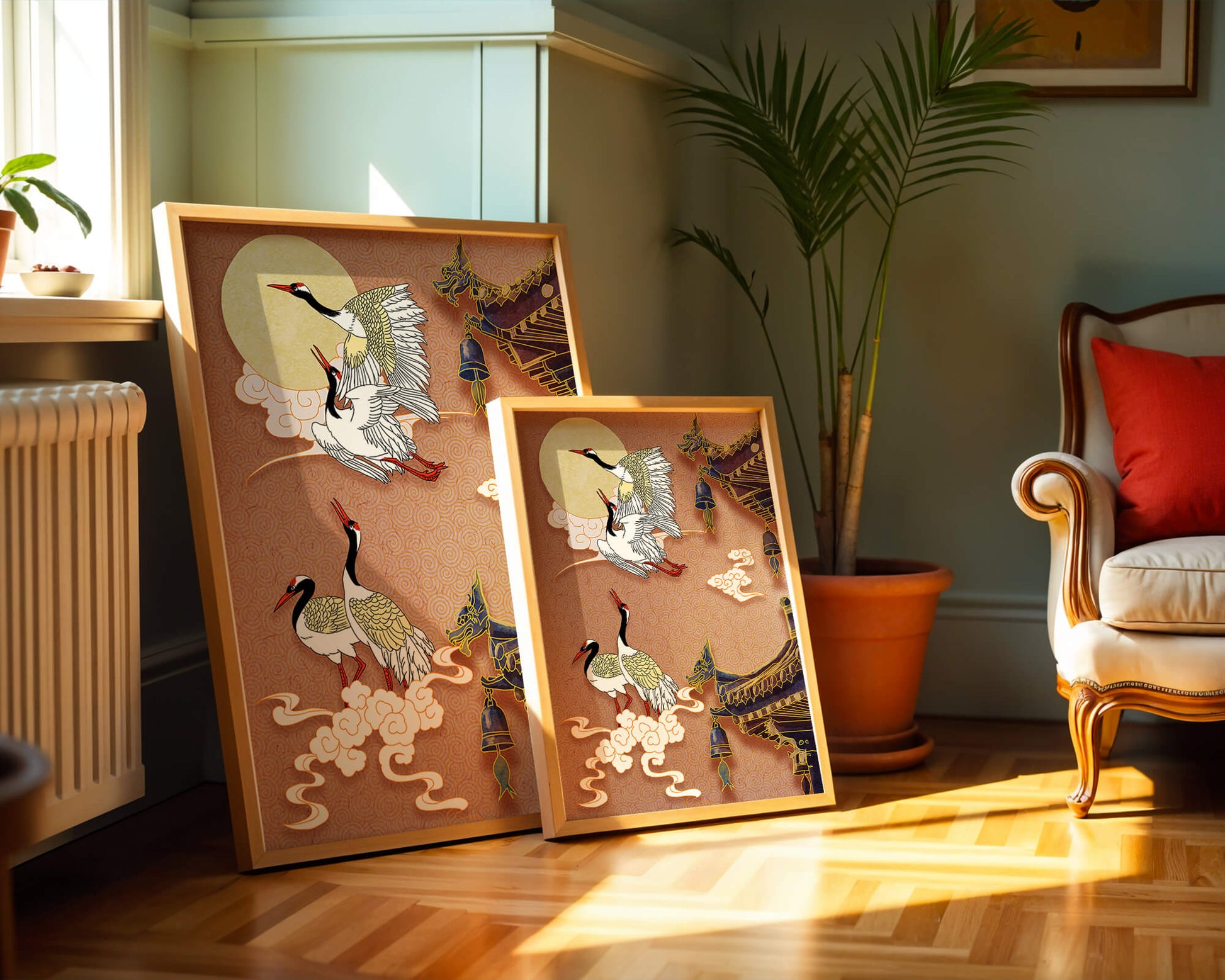 Elegant cranes flying beside traditional Asian architecture under moonlight