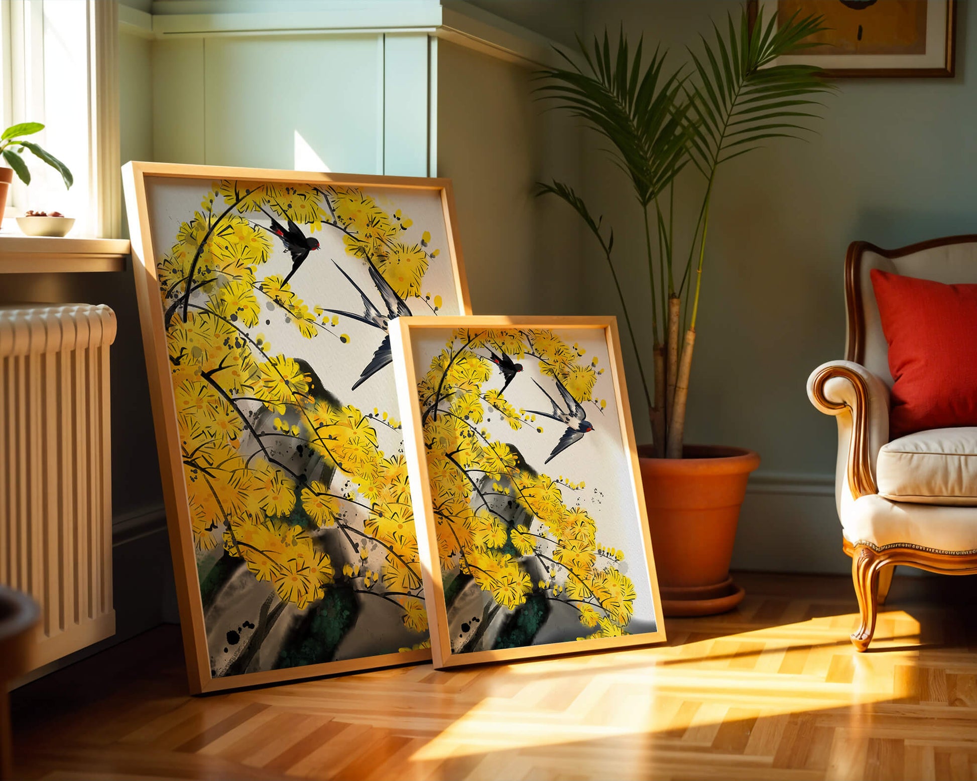 Artistic depiction of swallows amid vibrant yellow blossoms