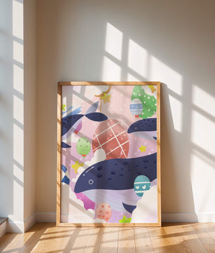 Whimsical illustration of whales and floating stars with colorful eggs