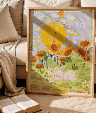 Ilustración encantadora de Aries con animales juguetones y girasoles