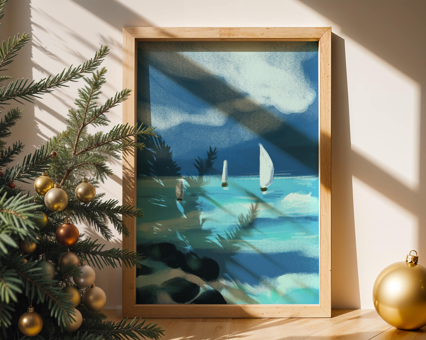 Seascape with sailboats navigating blue waves under a dramatic sky