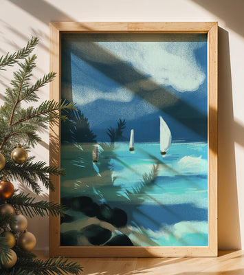 Seascape with sailboats navigating blue waves under a dramatic sky