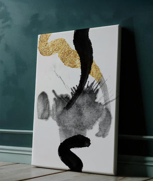 Abstract black and gold brushstrokes with textured patterns