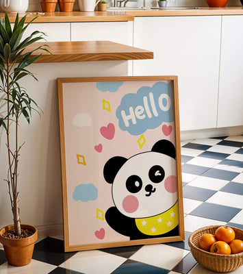 Panda illustration with playful elements and pastel colors