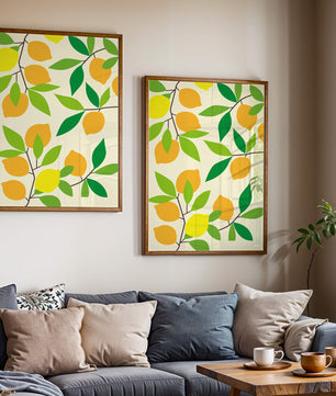 Vibrant lemon pattern with colorful leaves and citrus fruits