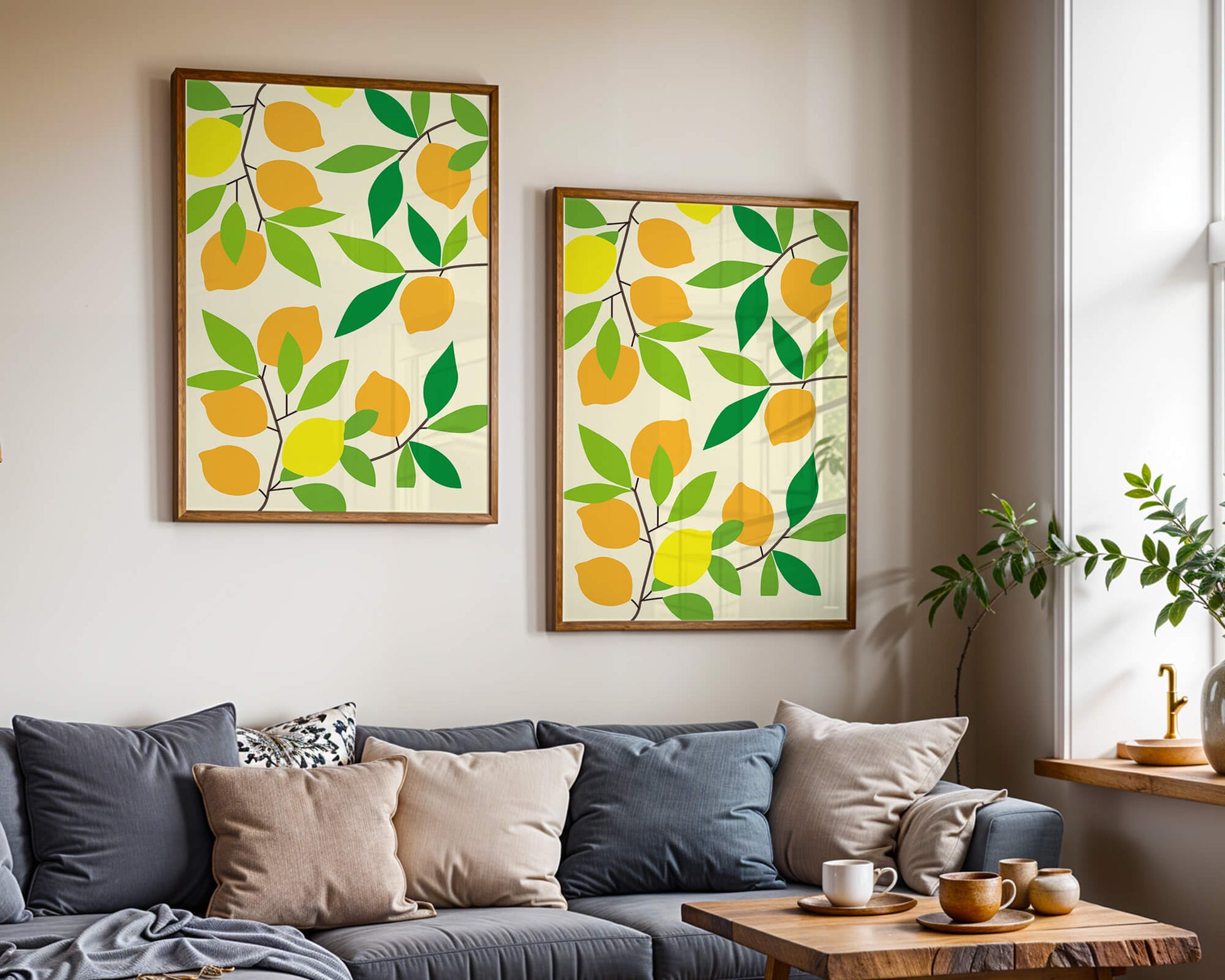 Vibrant lemon pattern with colorful leaves and citrus fruits