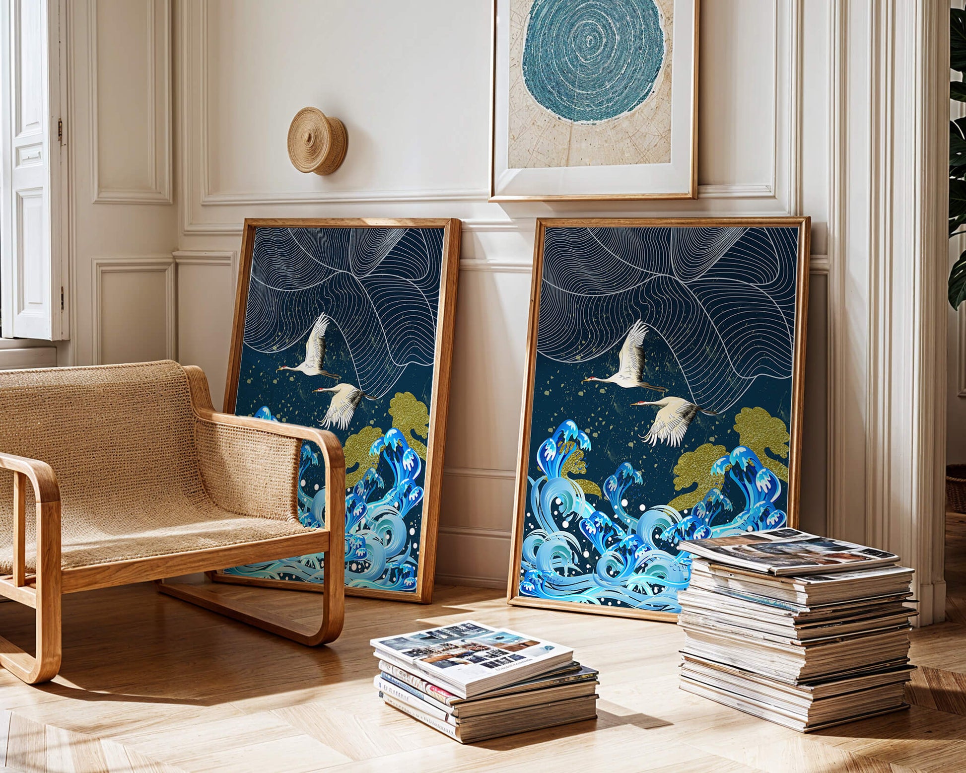 Elegant Cranes Flying Over Golden Waves and Artistic Ocean