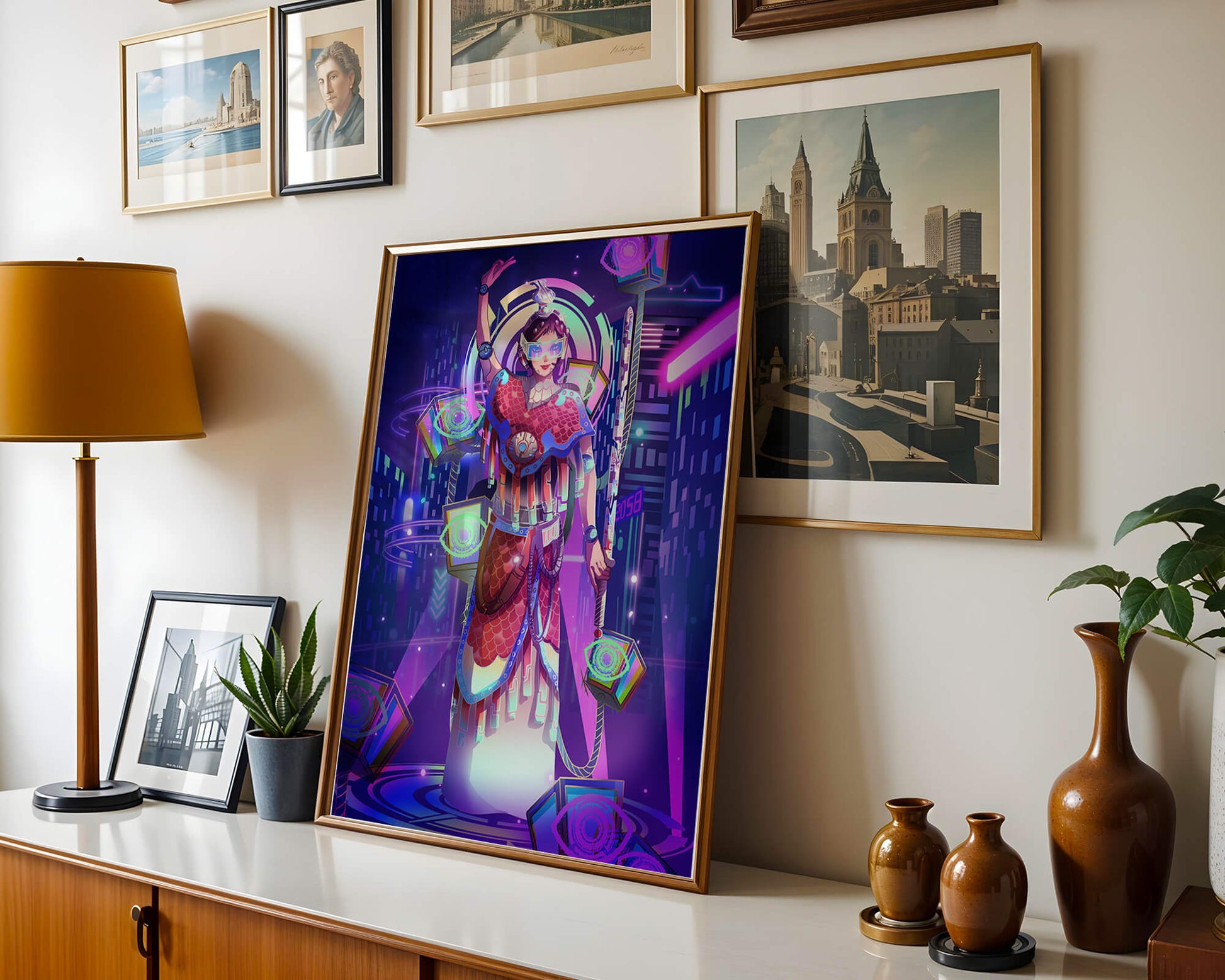 Futuristic warrior in vibrant neon cityscape with digital elements