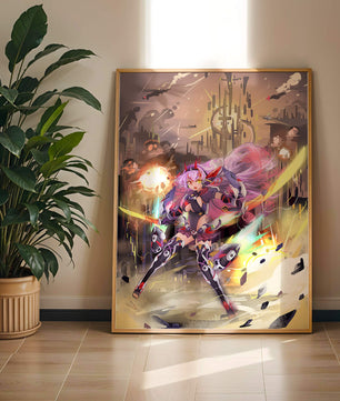 Personnage d’anime guerrier futuriste avec des lames d’énergie dans un paysage urbain de science-fiction