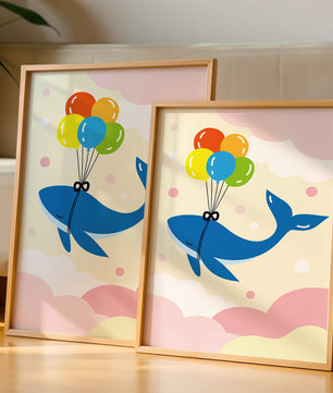 Skurriler Wal, der mit bunten Luftballons fliegt