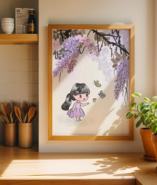 Charmante Illustration eines kleinen Mädchens mit Schmetterlingen und Glyzinienblüten