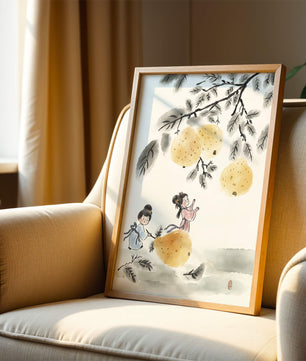Ilustración encantadora de niños en vestimenta tradicional recolectando peras