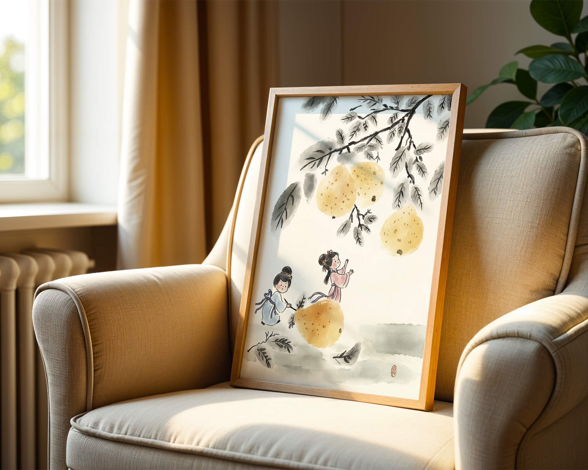 Ilustración encantadora de niños en vestimenta tradicional recolectando peras