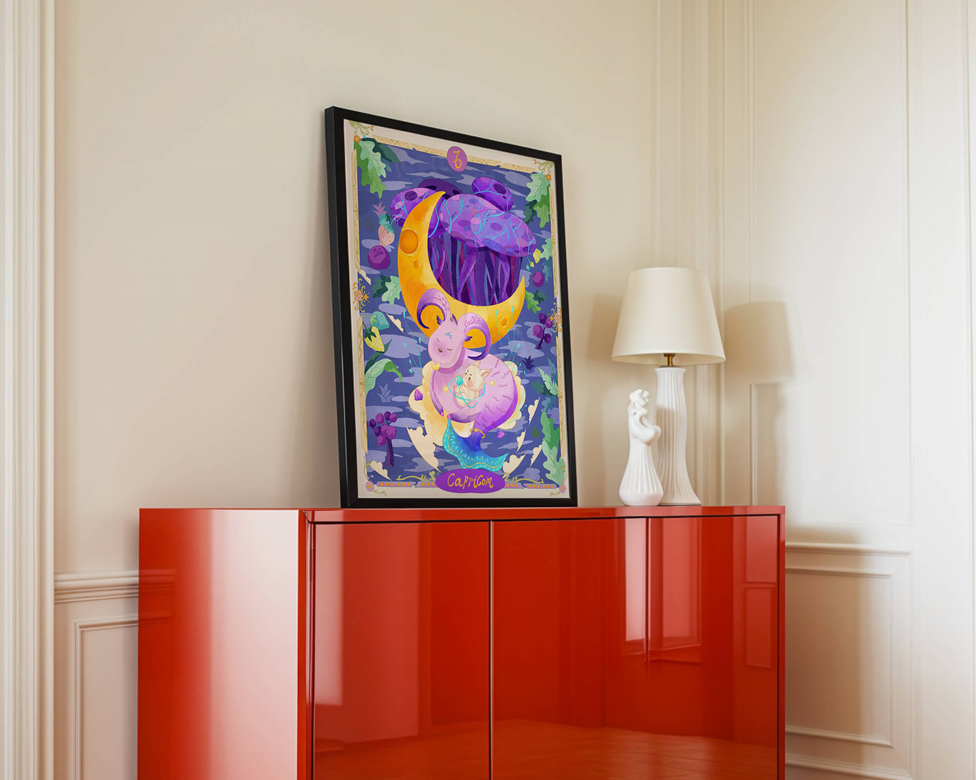 Colorful Capricorn zodiac illustration with fantasy elements