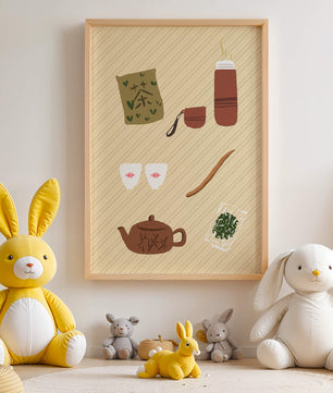 Illustración de un juego de té tradicional con hojas de té y accesorios