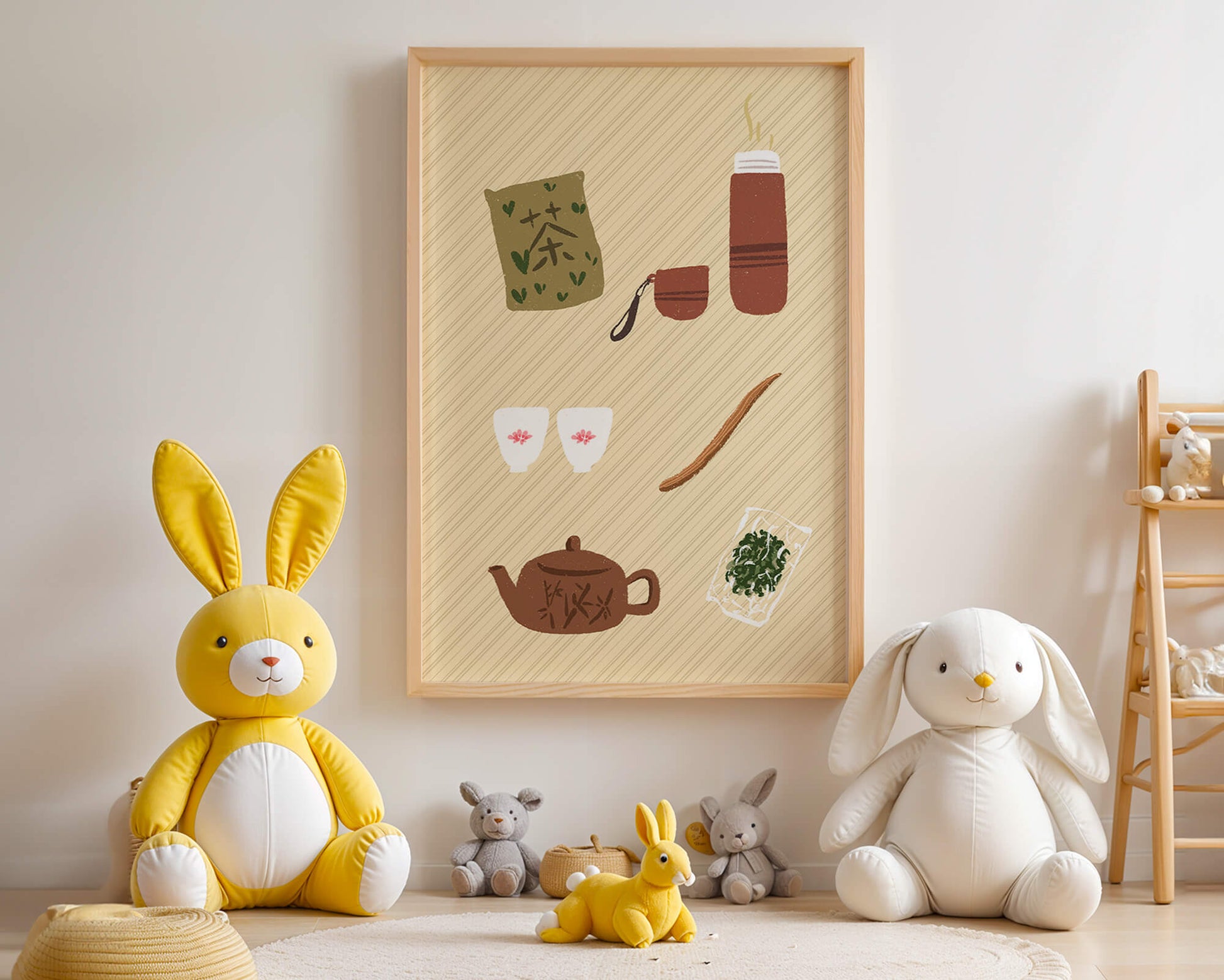 Illustración de un juego de té tradicional con hojas de té y accesorios