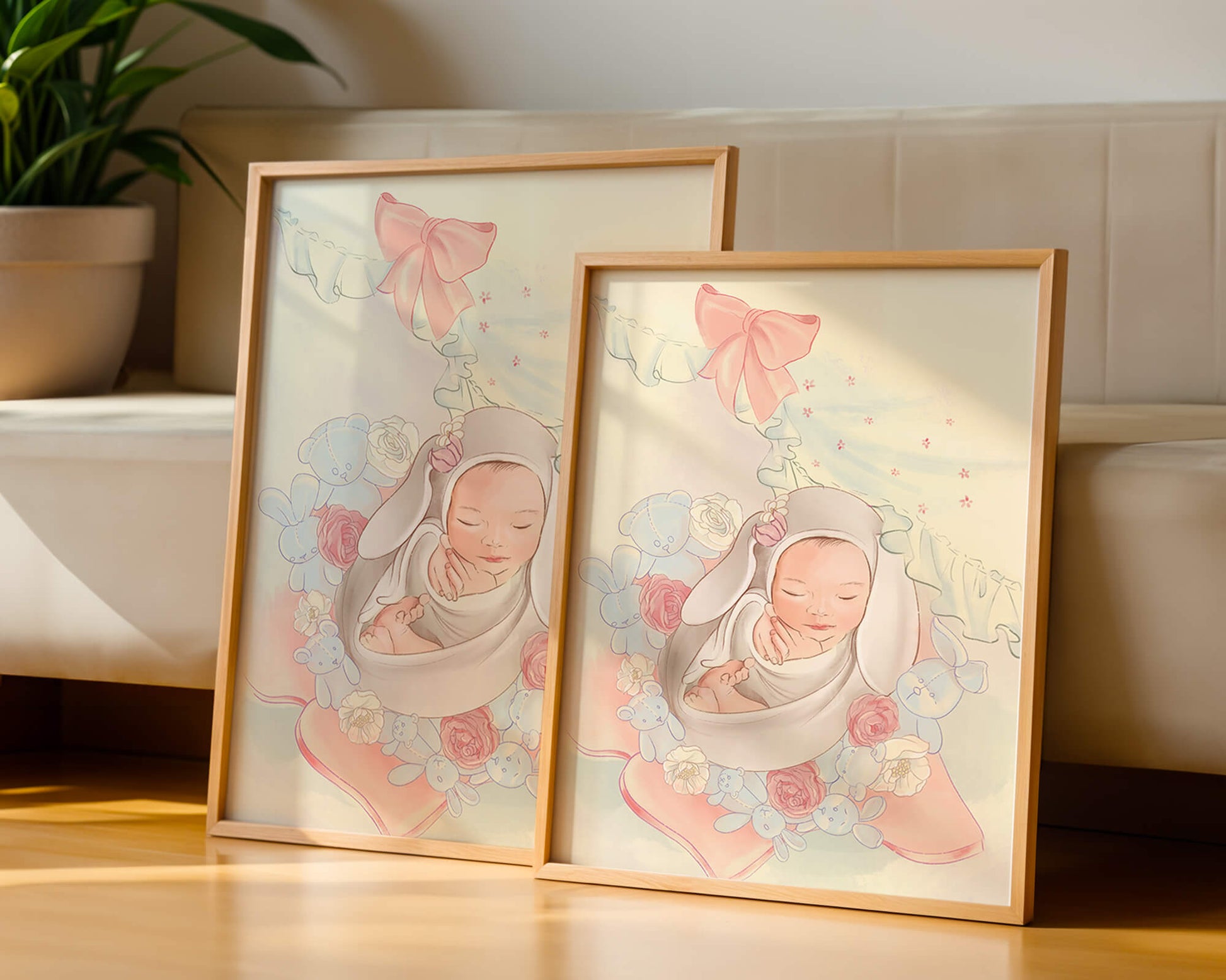 Sweet sleeping baby surrounded by soft pastel decorations