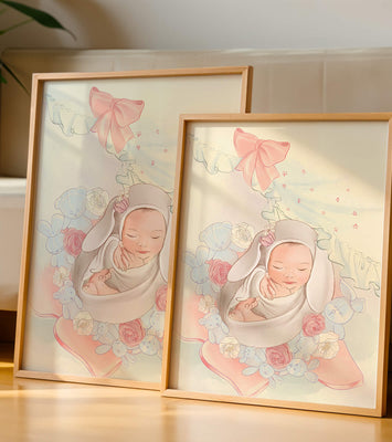 Sweet sleeping baby surrounded by soft pastel decorations