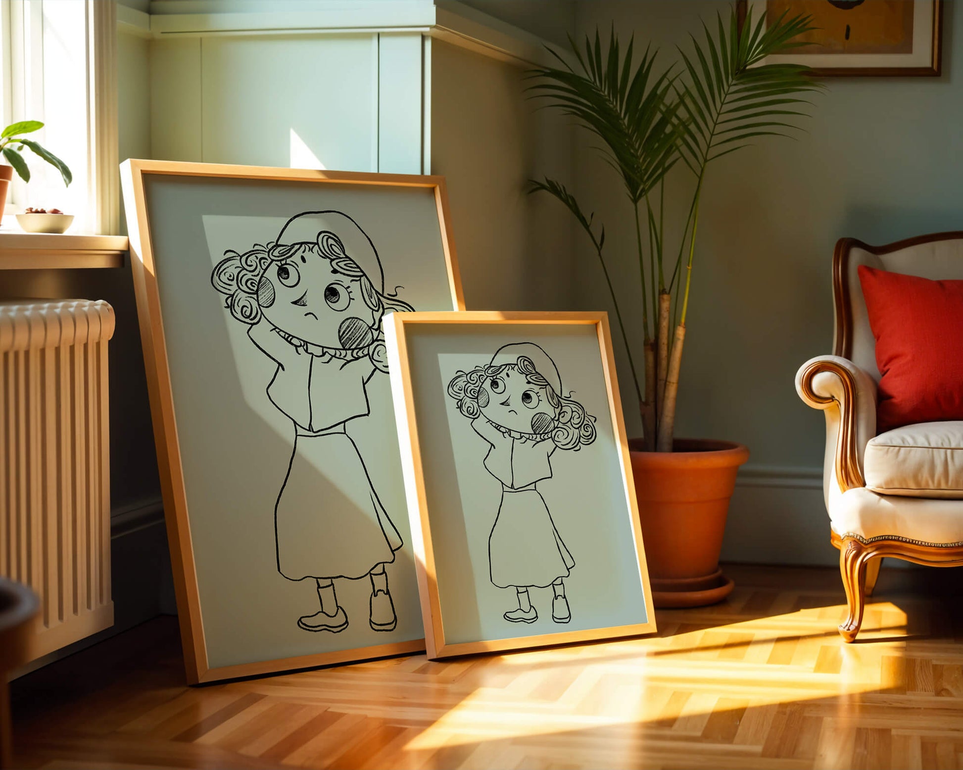 Ilustración a mano de un personaje de dibujos animados pensativo con cabello rizado y gorro