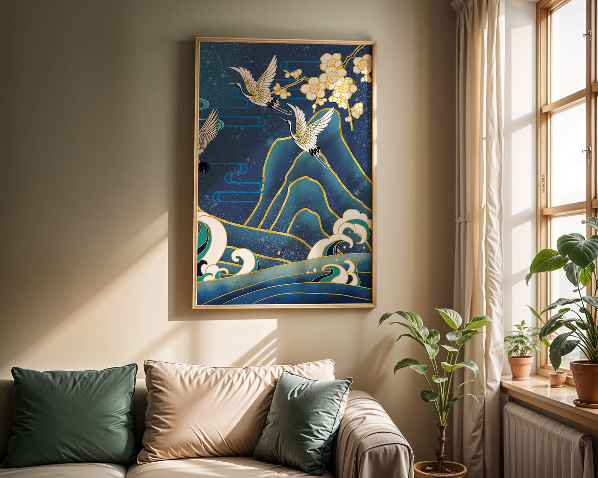 Elegant Cranes in Flight over Ocean Waves with Golden Accents and Blossoms