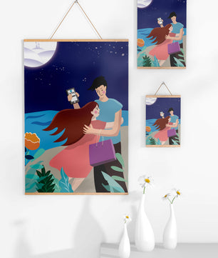 Pareja romántica abrazándose bajo una noche iluminada por la luna