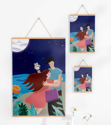 Romantic couple embracing under a moonlit night