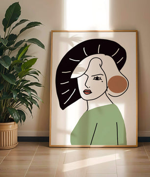Minimalist Abstract Portrait Featuring Woman with Black Hat and Green Outfit - Mi tienda