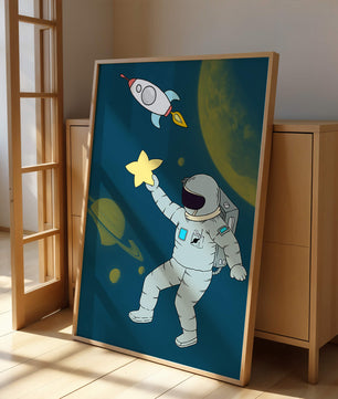 Astronaut Reaching for Star with Rocket and Planets in Space Scene - Mi tienda