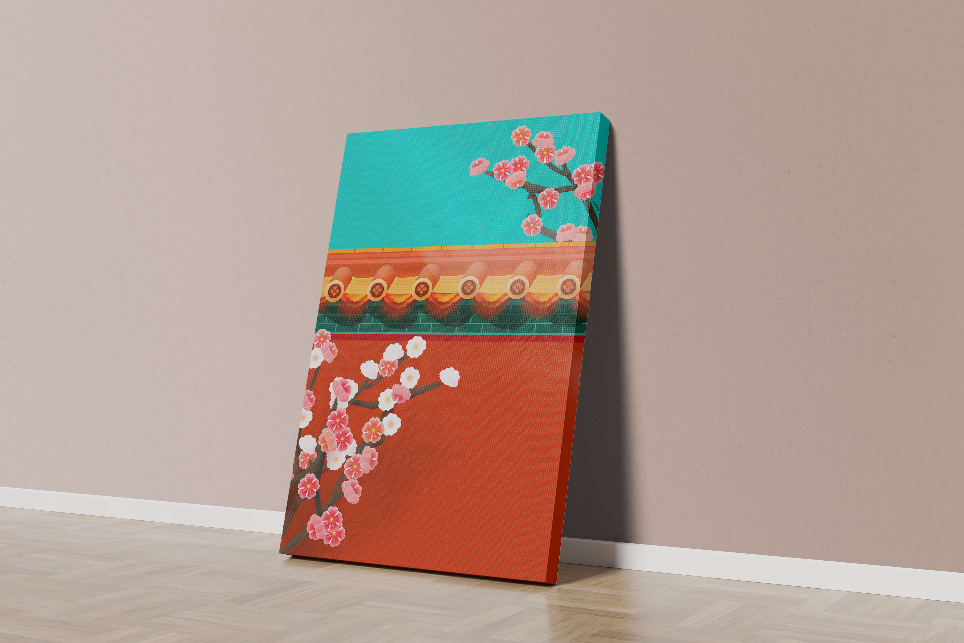 Traditional Asian architecture with cherry blossoms