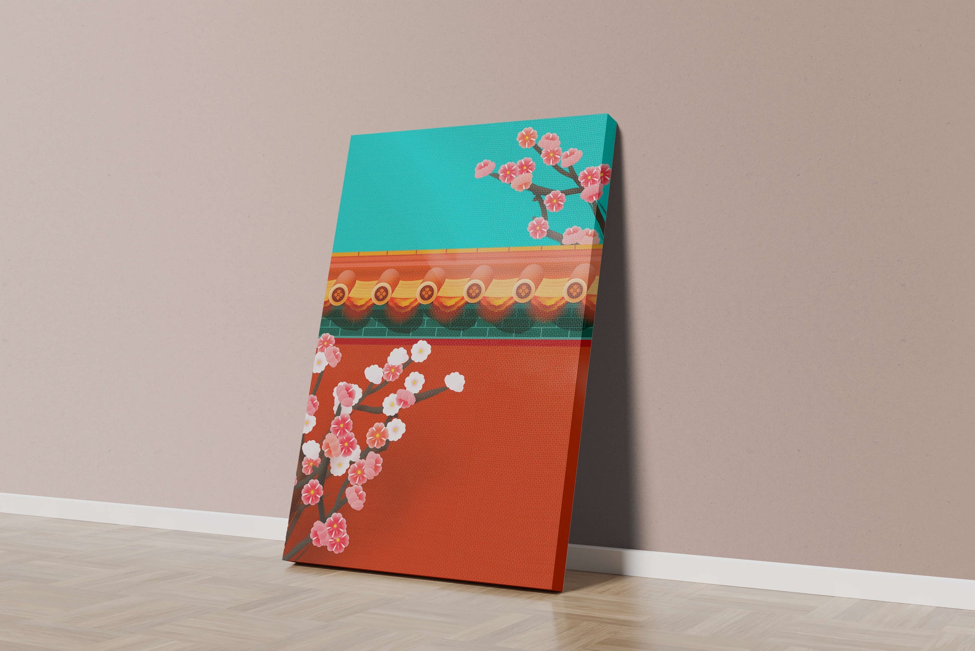 Traditional Asian architecture with cherry blossoms