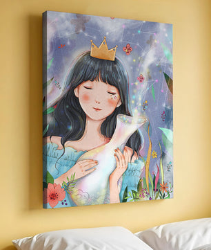Retrato encantador de una chica con corona en un jardín mágico