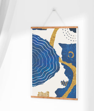 Abstract blue and gold textured artwork with wave patterns