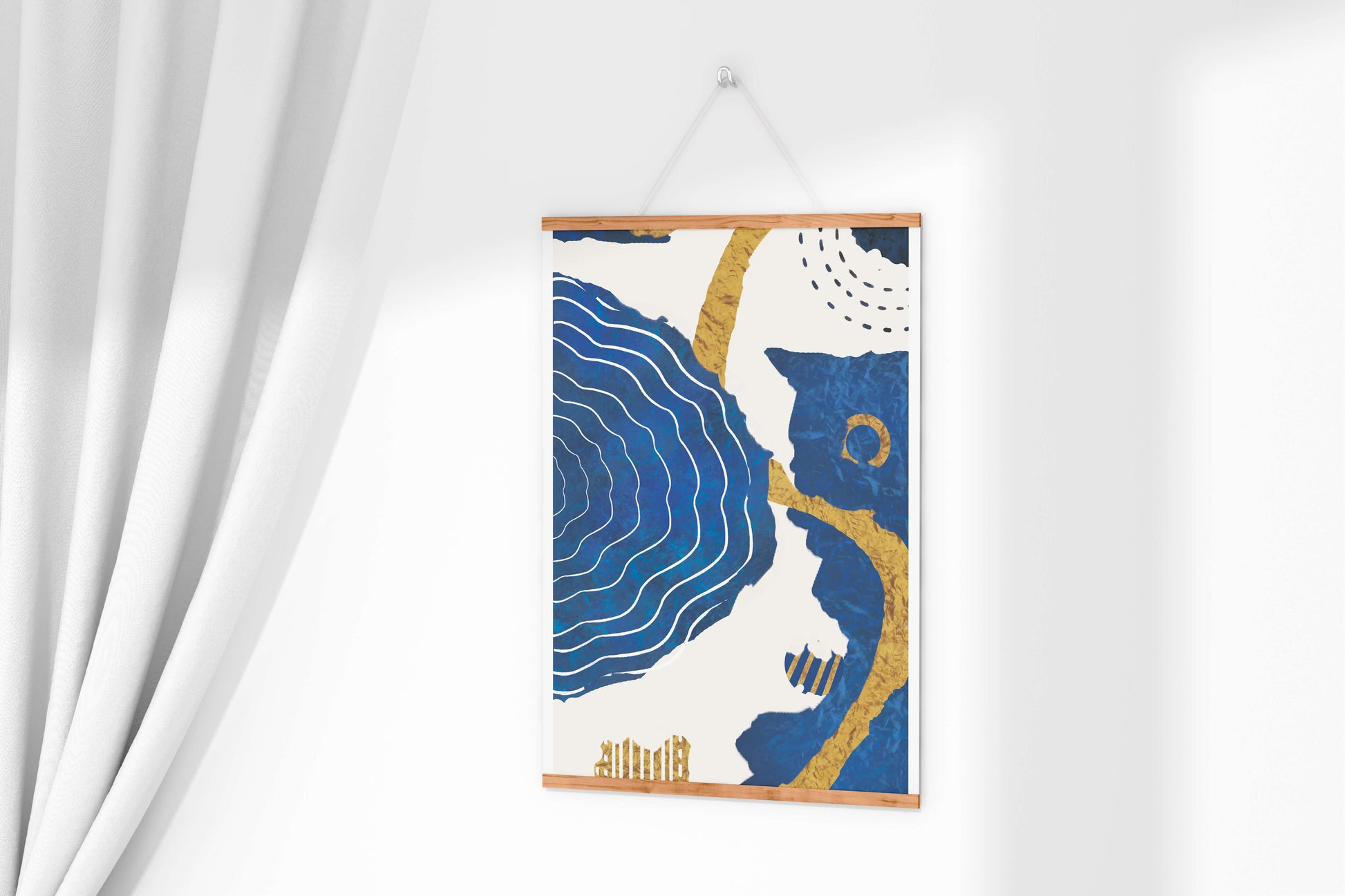 Abstract blue and gold textured artwork with wave patterns