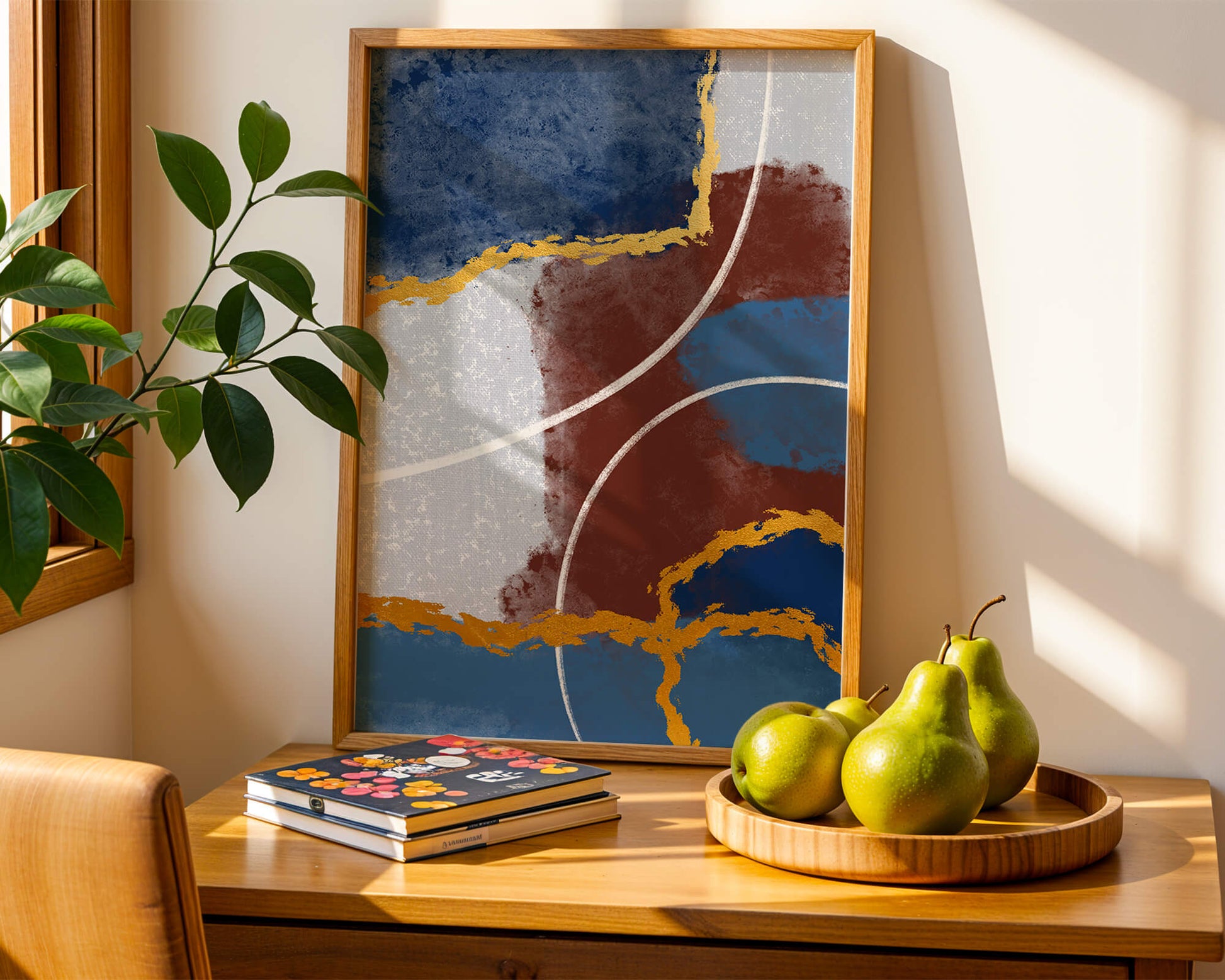Abstract painting with gold accents and geometric elements