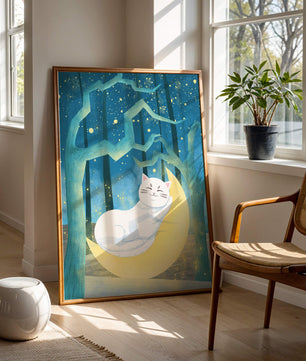 Cat sleeping on the moon in an enchanted forest under the starry sky